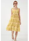 Desenli Askılı Midi Elbise 2577 - Sarı