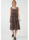 Desenli Askılı Midi Elbise 2577 - Siyah
