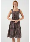 Desenli Askılı Midi Elbise 2577 - Siyah