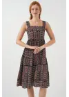 Desenli Askılı Midi Elbise 2577 - Siyah