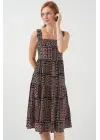 Desenli Askılı Midi Elbise 2577 - Siyah