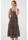 Desenli Askılı Midi Elbise 2577 - Siyah