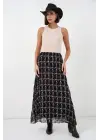 Desenli Astarlı Şifon Etek 8058 - Siyah