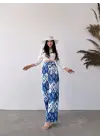 Omarı Desenli Beli Lastikli Pantolon - Mavi & Beyaz Örnek