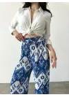 Omarı Desenli Beli Lastikli Pantolon - Mavi & Beyaz Örnek
