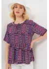 Modern Desenli Kısa Kol Bluz Bordo