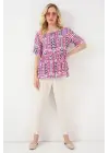 Desenli Kısa Kol Bluz 969 - Fuşya