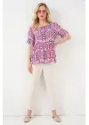 Desenli Kısa Kol Bluz 969 - Fuşya