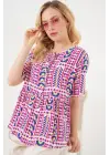 Desenli Kısa Kol Bluz 969 - Fuşya