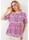 Desenli Kısa Kol Bluz 969 - Fuşya