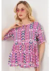 Desenli Kısa Kol Bluz 969 - Fuşya