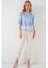 Desenli Kısa Kol Crop Gömlek 20337 - Mavi