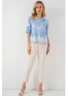 Desenli Kısa Kol Crop Gömlek 20337 - Mavi