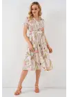 Desenli Kısa Kol Elbise 2558 - Krem