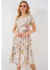 Desenli Kısa Kol Elbise 2558 - Krem