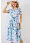 Modern Desenli Kısa Kol Elbise - Mavi