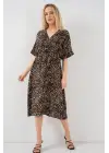Desenli Kısa Kol Elbise 2569 - C. Kahverengi