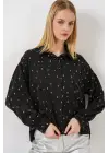 Desenli Oversize Gömlek 20361 - Siyah - Gümüş