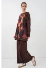 Desenli Oversize Tunik Pantolon İkili Takım 55462 - Kahverengi