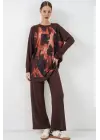 Desenli Oversize Tunik Pantolon İkili Takım 55462 - Kahverengi