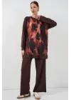 Desenli Oversize Tunik Pantolon İkili Takım 55462 - Kahverengi