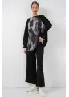 Desenli Oversize Tunik Pantolon İkili Takım 55462 - Siyah