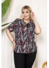 Desenli Püsküllü Viskon Bluz Bebe Yaka Kısa Kollu Big Size Rahat Kesim - Desenli