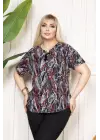 Desenli Püsküllü Viskon Bluz Bebe Yaka Kısa Kollu Big Size Rahat Kesim - Desenli