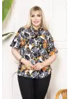 Desenli Püsküllü Viskon Bluz Bebe Yaka Kısa Kollu Big Size Rahat Kesim - Desenli