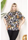 Desenli Püsküllü Viskon Bluz Bebe Yaka Kısa Kollu Big Size Rahat Kesim - Desenli