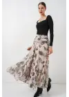 Desenli Şifon Etek 8057 - Krem