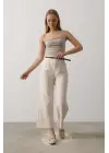 Omarı Detaylı Bej Pantolon Kemer Pensli