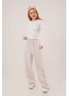 Omarı Detaylı Keten Ekru Cepli Pantolon