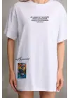 Omarı Beyaz Oversize Bisiklet Yaka Baskılı T-Shirt
