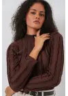 Dokulu Esnek Örme Bluz 975 - Kahverengi