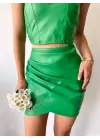 Drapeli deri etek yeşil s24771