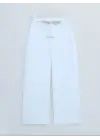 Duble Kumaş Beli Kuşaklı Bol Paça Pantolon  -Beyaz