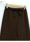 Duble Kumaş Beli Kuşaklı Bol Paça Pantolon  -Kahve
