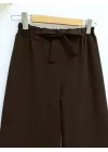 Duble Kumaş Beli Kuşaklı Bol Paça Pantolon  -Kahve