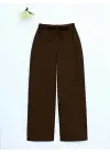 Duble Kumaş Beli Kuşaklı Bol Paça Pantolon  -Kahve