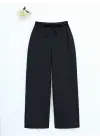 Duble Kumaş Beli Kuşaklı Bol Paça Pantolon -Siyah