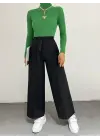 Duble Kumaş Beli Kuşaklı Bol Paça Pantolon -Siyah