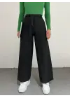 Duble Kumaş Beli Kuşaklı Bol Paça Pantolon -Siyah