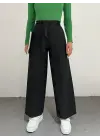 Duble Kumaş Beli Kuşaklı Bol Paça Pantolon -Siyah