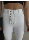 Beyaz Düğme Fermuarlı Kot Pantolon
