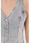 Düğme Ve Ön Dikiş Detaylı Mavi Jean Yelek