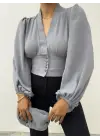 Gri Düğmeli Arkası Lastikli Balon Kol Crop Kadın Giyim