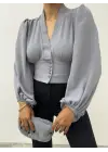 Omarı Gri Balon Kol Crop Bluz