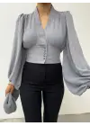 Gri Düğmeli Arkası Lastikli Balon Kol Crop Kadın Giyim