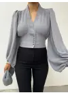 Omarı Gri Balon Kol Crop Bluz